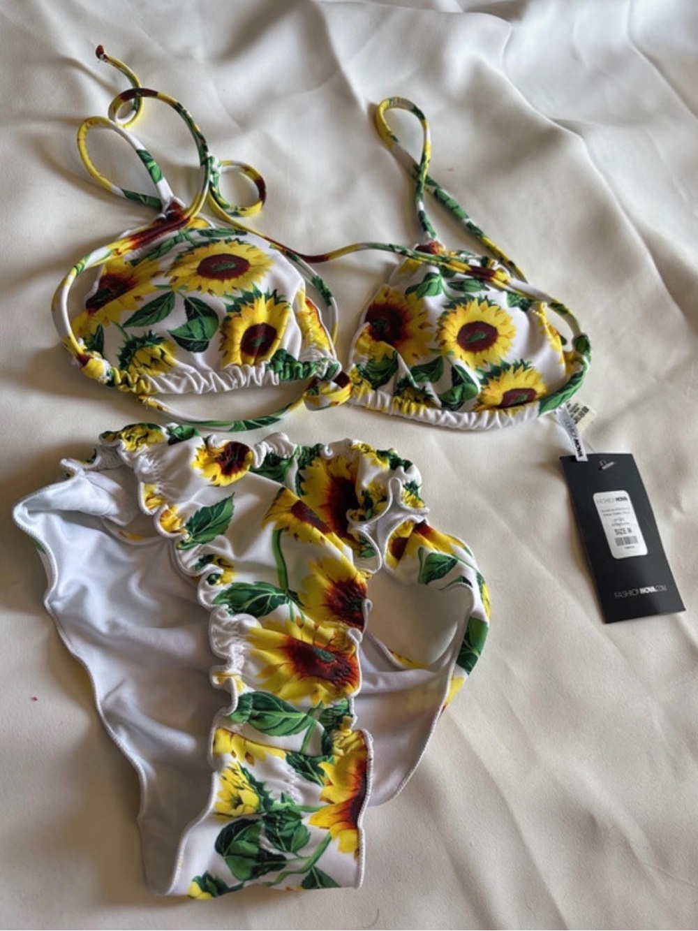 Fashion Nova White Sunflower Print Ruffle Bikini